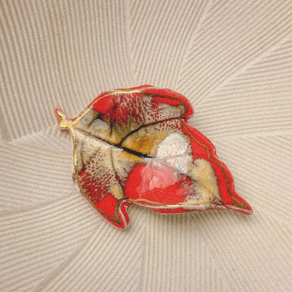 Vintage Handmade Ceramic Autumn Leaf Brooch Pin